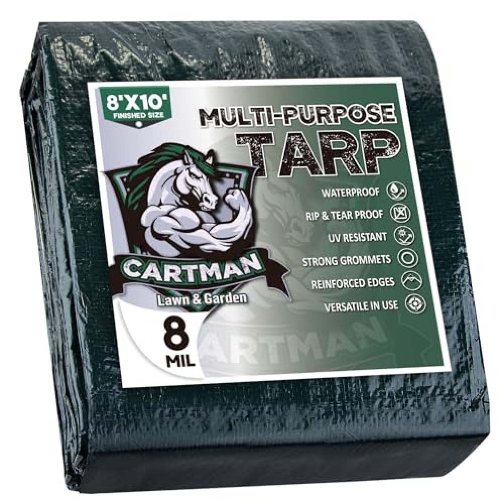 CARTMAN Finished Size 8x10 Feet Waterproof Green Tarp 8 Mil Thick, Multipurpose Protective Cover for Emergency Rain Shelter Camping Tarpaulin