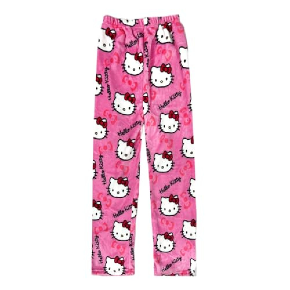 Cartoon Cat Pajama Pants For Women Kawaii Flannel Sleepwear Cute Print Thermal Soft Fluffy Lounge Bottoms (Rose Pink Cat,Large)