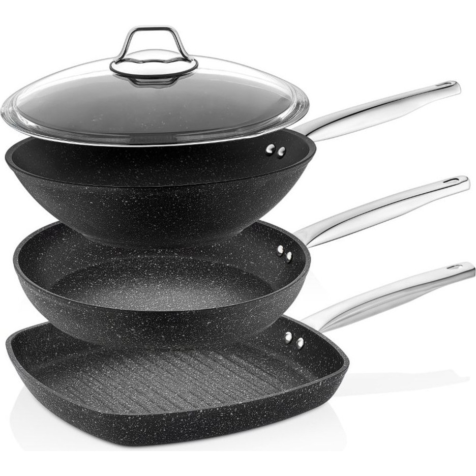 Casa Milano Black Line 28 cm 4 parça tava seti (28 kare+28 wok+28 tava+cam kapak) Tencere / Tava Setleri Fiyatı