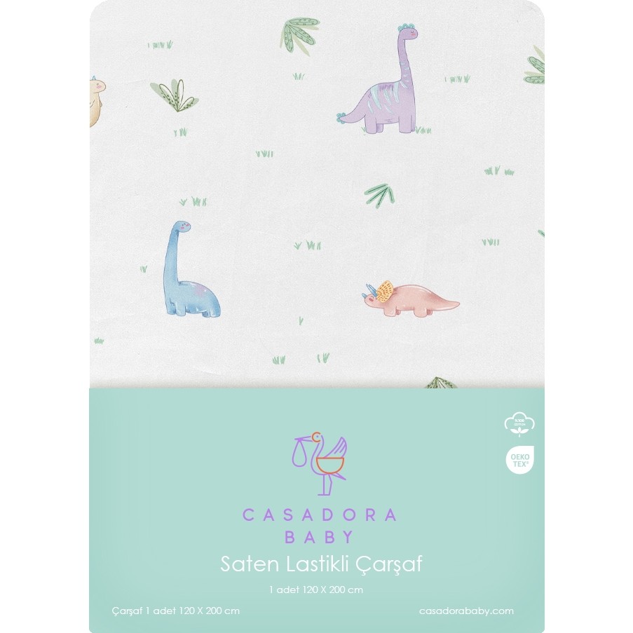 Casadora Baby Dino %100 Organik Pamuk Saten Çocuk Lastikli Çarşaf 120 x 200 cm - Beyaz Çarşaf Fiyatı