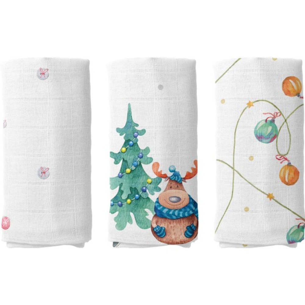 Casadora Baby Rudolf's New Year %100 Pamuk 3'lü Müslin Örtü Seti - 70X70 cm - Desenli - 70 x 70 cm Hamilelik ve Emzirme Fiyatı