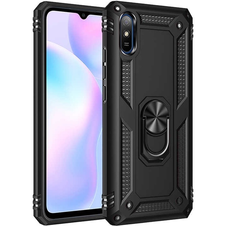 Case Street Xiaomi Redmi 9A Kılıf Tank Koruma Vega Standlı Yüzüklü Mıknatıslı+Nano Glass Siyah Cep Telefonu Kılıfı Fiyatı