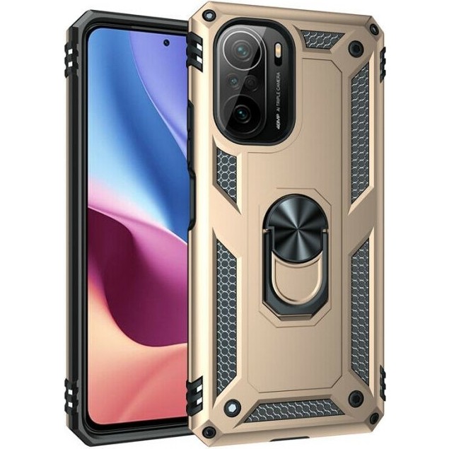 Case Street Xiaomi Redmi K40 Kılıf Vega Tank Koruma Standlı Yüzüklü Mıknatıslı+Nano Glass Gold Cep Telefonu Kılıfı Fiyatı