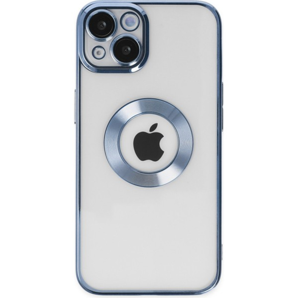 Caseart Apple iPhone 14 Kapak Yanları Renkli Lens Korumalı Logo Gösteren Şeffaf Luxury Silikon Kılıf - Açık Mavi Cep Telefonu Kılıfı Fiyatı