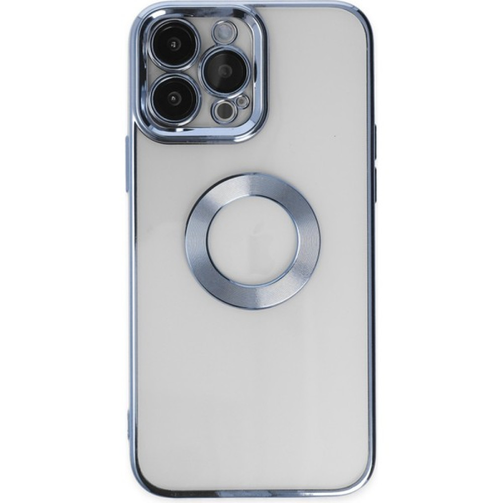 Caseart Apple iPhone 14 Pro Max Kapak Yanları Renkli Lens Korumalı Logo Gösteren Şeffaf Luxury Silikon Kılıf - Açık Mavi Cep Telefonu Kılıfı Fiyatı