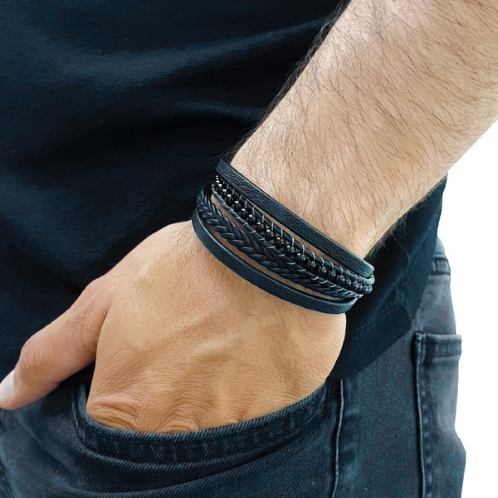 Caseras Parlak Oniks Doğal Taş Doğal Deri ve Çelik Erkek Bileklik - 21 cm - Siyah Saat ve Bileklik Aksesuarı Fiyatı