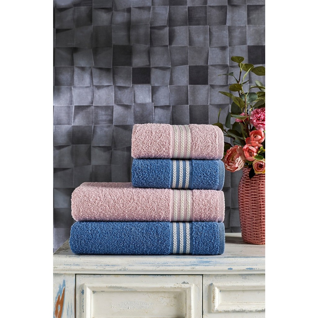 Casnack Veronica 4'lü Banyo Havlu Seti - 70 x 140 cm - 50 x 90 cm - Pudra - Lacivert El / Yüz Havlusu Fiyatı