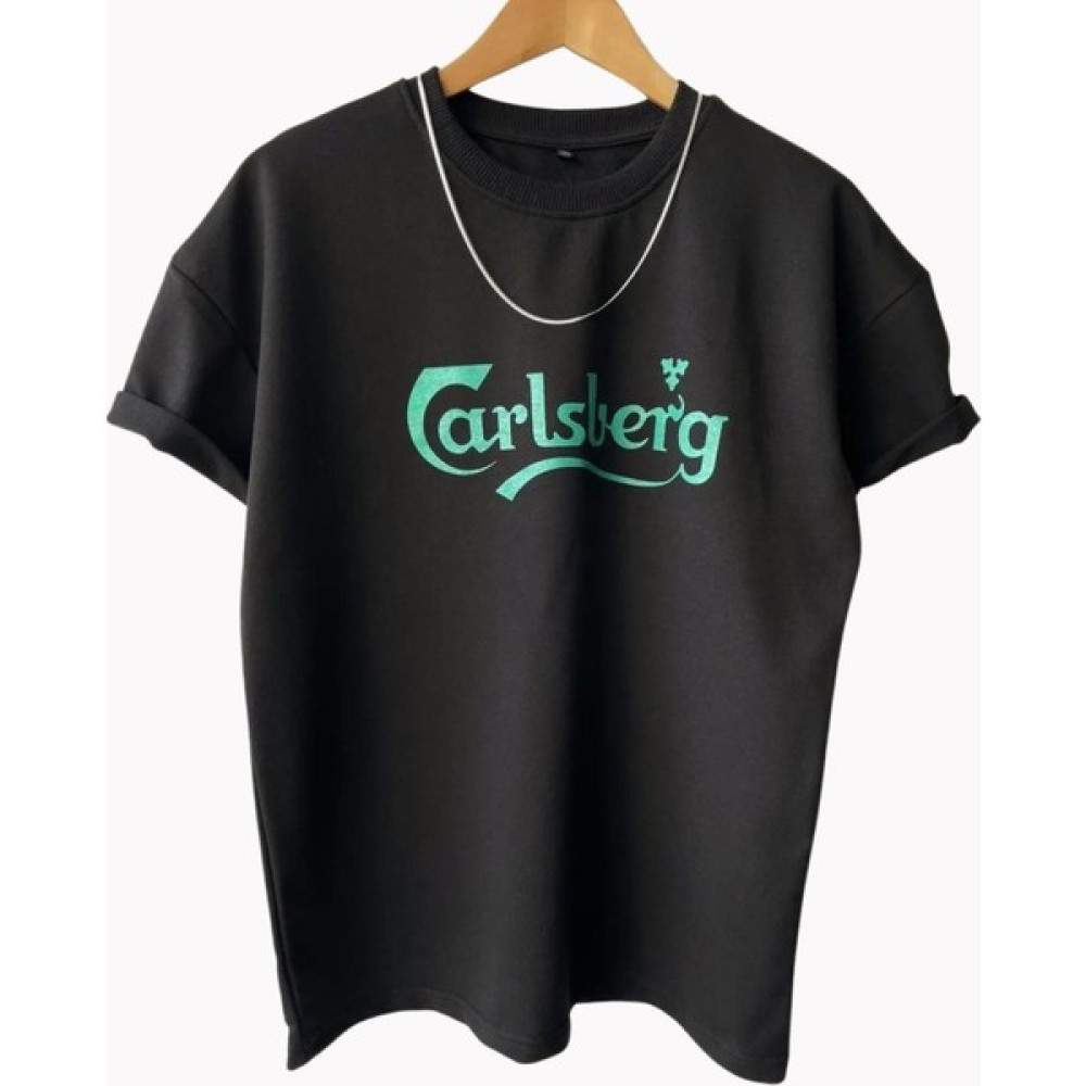 Casual Style Erkek Siyah Carlsberg Yazılı Baskılı Pamuklu Bisiklet Yaka Oversize Kısa Kol T-Shirt Erkek T-shirt Fiyatı