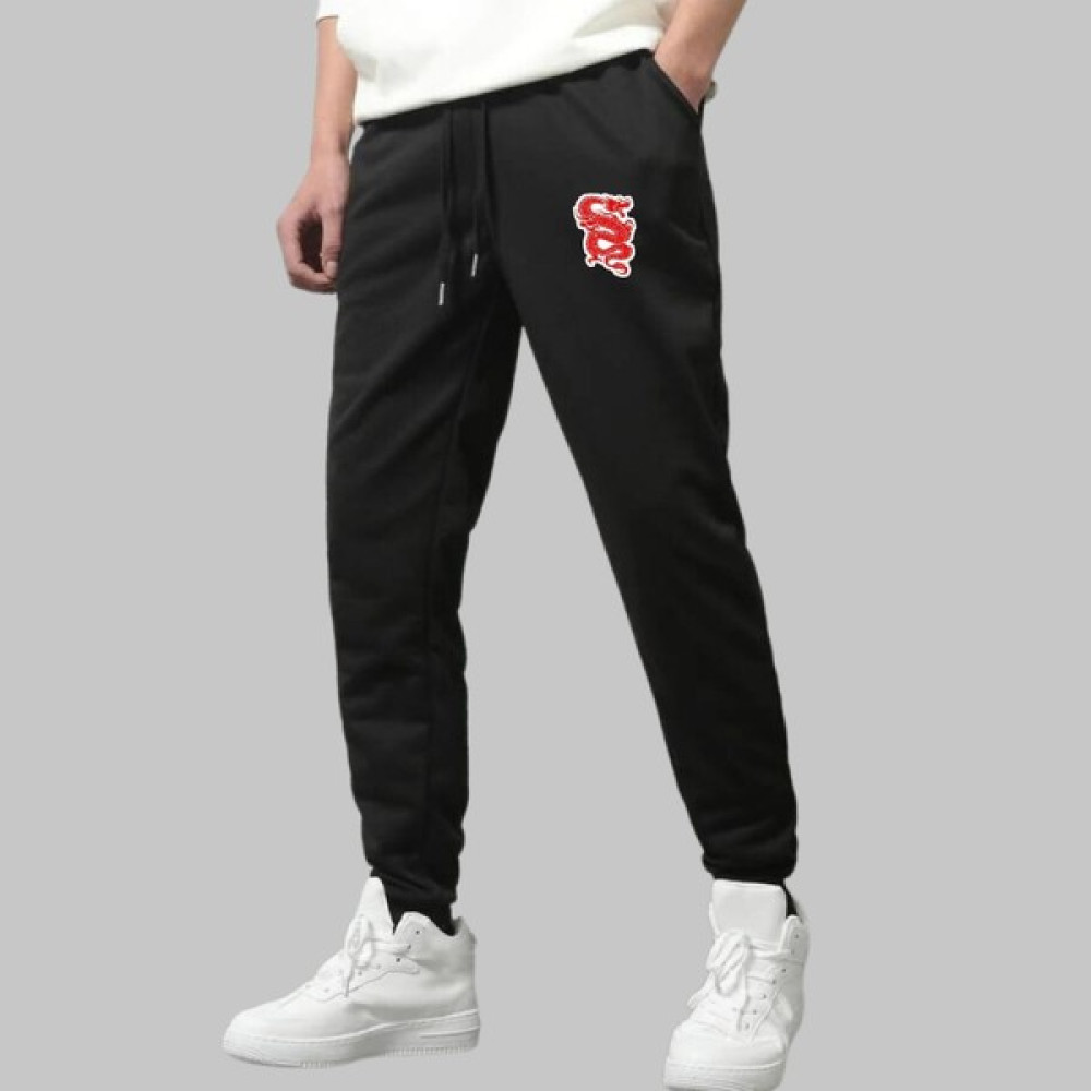 Casual Style Erkek Siyah Eşofman Altı Dragon Baskılı Kışlık Lastikli Paça Erkek Eşofman Fiyatı