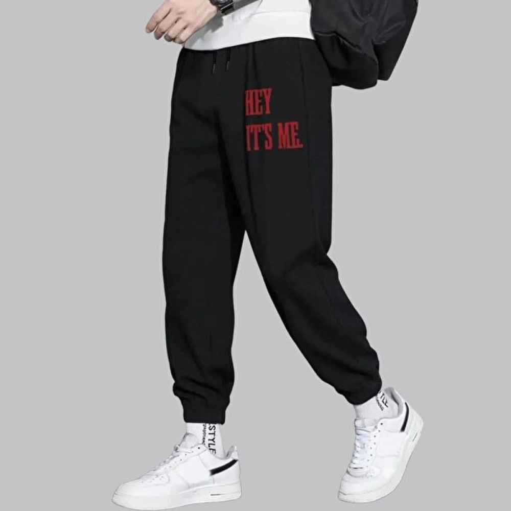 Casual Style Erkek Siyah Eşofman Altı Hey It's Me Baskılı Kışlık Lastikli Paça Erkek Eşofman Fiyatı