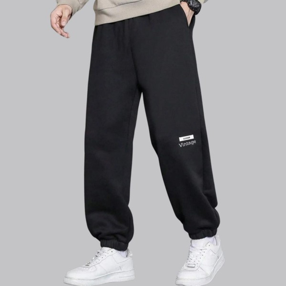 Casual Style Erkek Siyah Eşofman Altı Vintage Baskılı Kışlık Lastikli Paça Erkek Eşofman Fiyatı