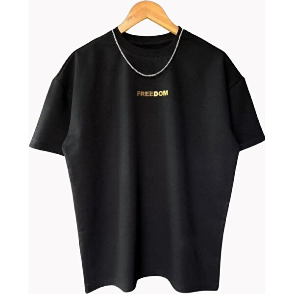 Casual Style Erkek Siyah Freedom Yazılı Oversize Bisiklet Yaka Pamuklu Kısa Kol T-Shirt Erkek T-shirt Fiyatı
