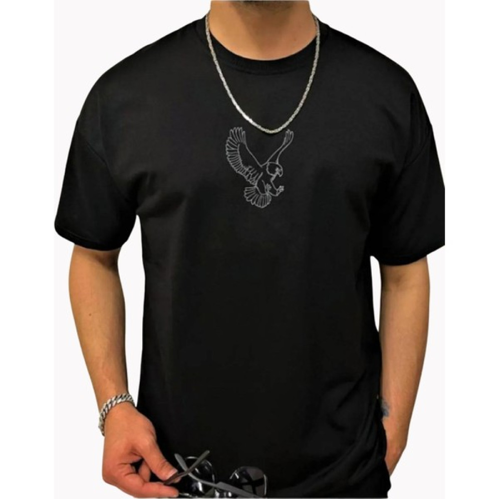 Casual Style Erkek Siyah Kartal Beşiktaş Özel Tasarım Bol Kesim Oversize Bisiklet Yaka Pamuklu T-Shirt Erkek T-shirt Fiyatı