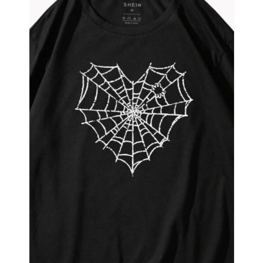 Casual Style Kadın Siyah Kalp Örümcek Ağı Desenli Oversize Unisex Bisiklet Yaka Pamuklu Kısa Kol T-Shirt Bayan T-shirt Fiyatı