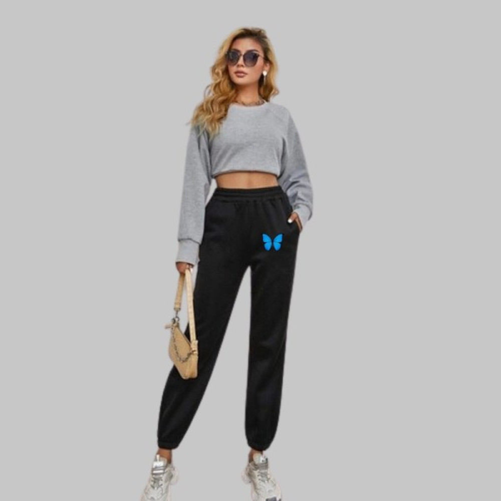 Casual Style Siyah Eşofman Altı Mavi Kelebek Baskılı Kışlık Lastikli Paça, Kadın Giyim (Outdoor) Fiyatı