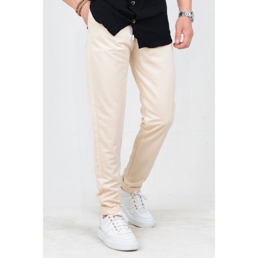 Casual Suit Erkek Beli Lastikli Slim Fit Double Paça Jogger Bej Pantolon Erkek Pantolon Fiyatı