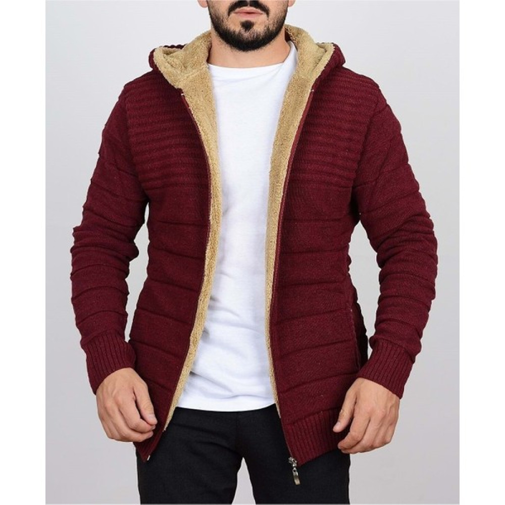 Casual Suit Erkek Bordo Slim Fit Içi Kürklü Kapüşonlu Kalın Hırka Erkek Hırkalar Fiyatı