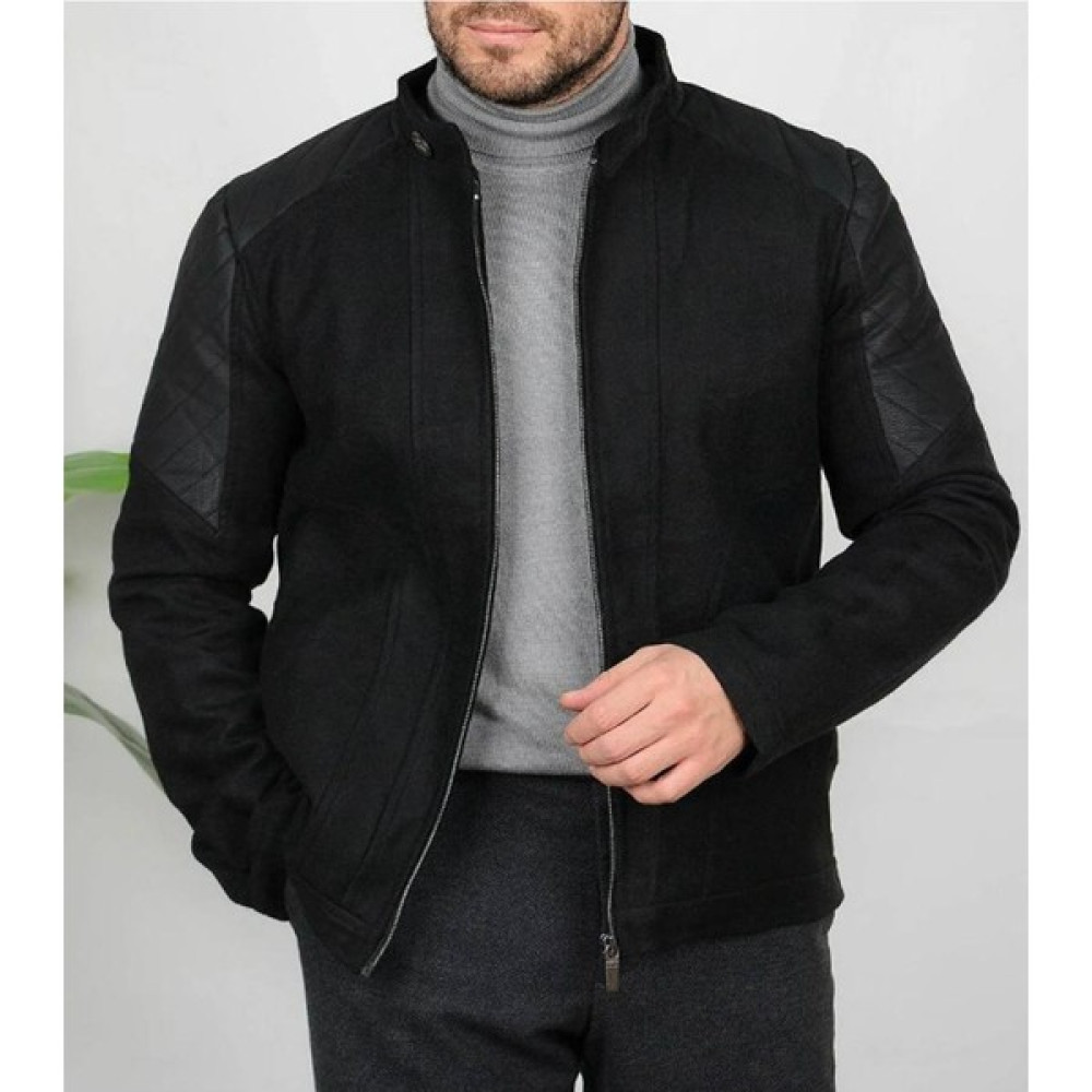Casual Suit Erkek Siyah Kollari Deri Detaylı Dik Yaka Slim Fit Kaşe Mont Erkek Mont Fiyatı