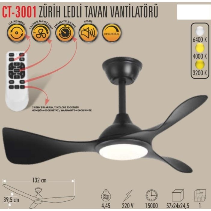 Cata CT-3001 Zurih Ledli Tavan Vantilatörü - Siyah Diğer Fiyatı