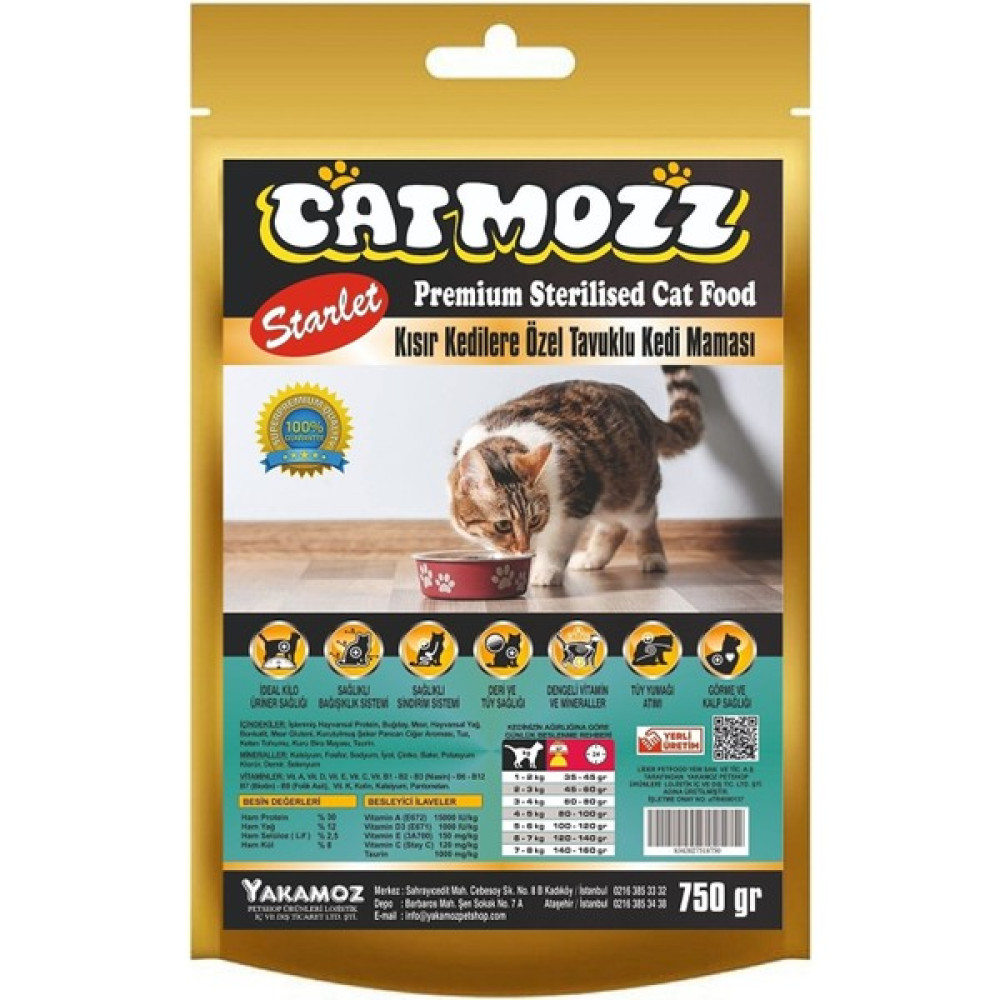 Catmozz Starlet Sterilised Tavuklu Seçici Özel Kısır Kedi Maması 750 gr Kilitli Paket 5 Adet - 4 Kg Evcil Hayvan Ürünleri Fiyatı