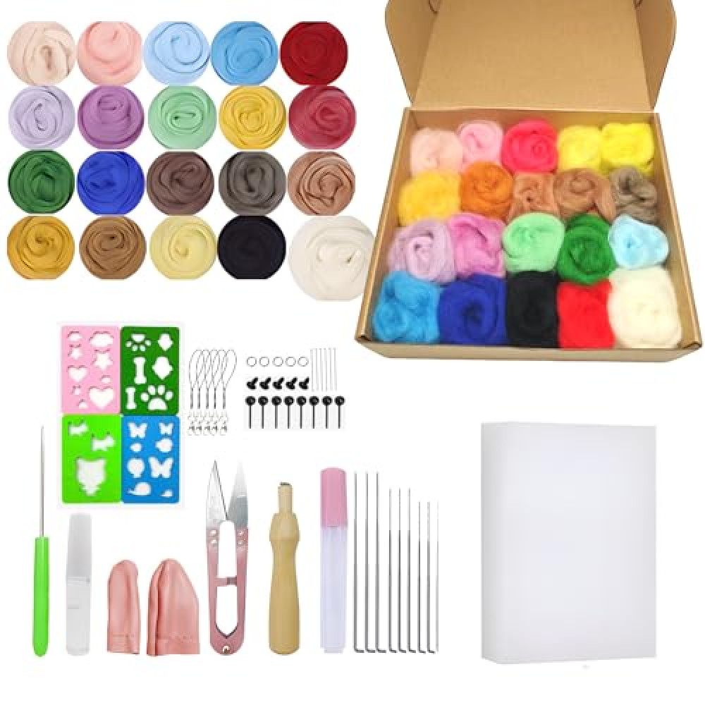 Catopia Needle Felting Starter Kit - Wool Roving 20 Colors Set, Felted Animal Needle Felting Supplies, Wool Felt Tools Kit