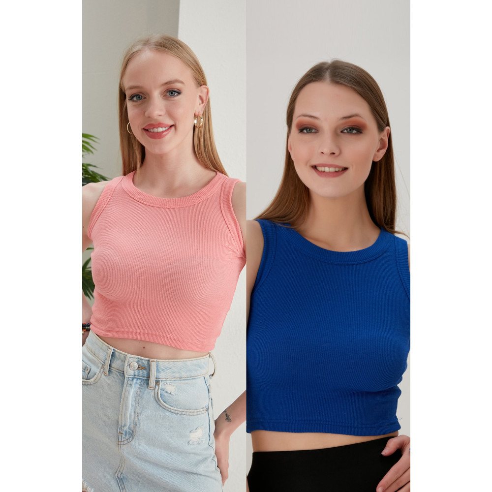 CATSPY 2li Fitted/Vücuda Oturan Geniş Biyeli Halter Yaka Fitilli Esnek Örme Crop Bluz Set M Beden Bluz Fiyatı