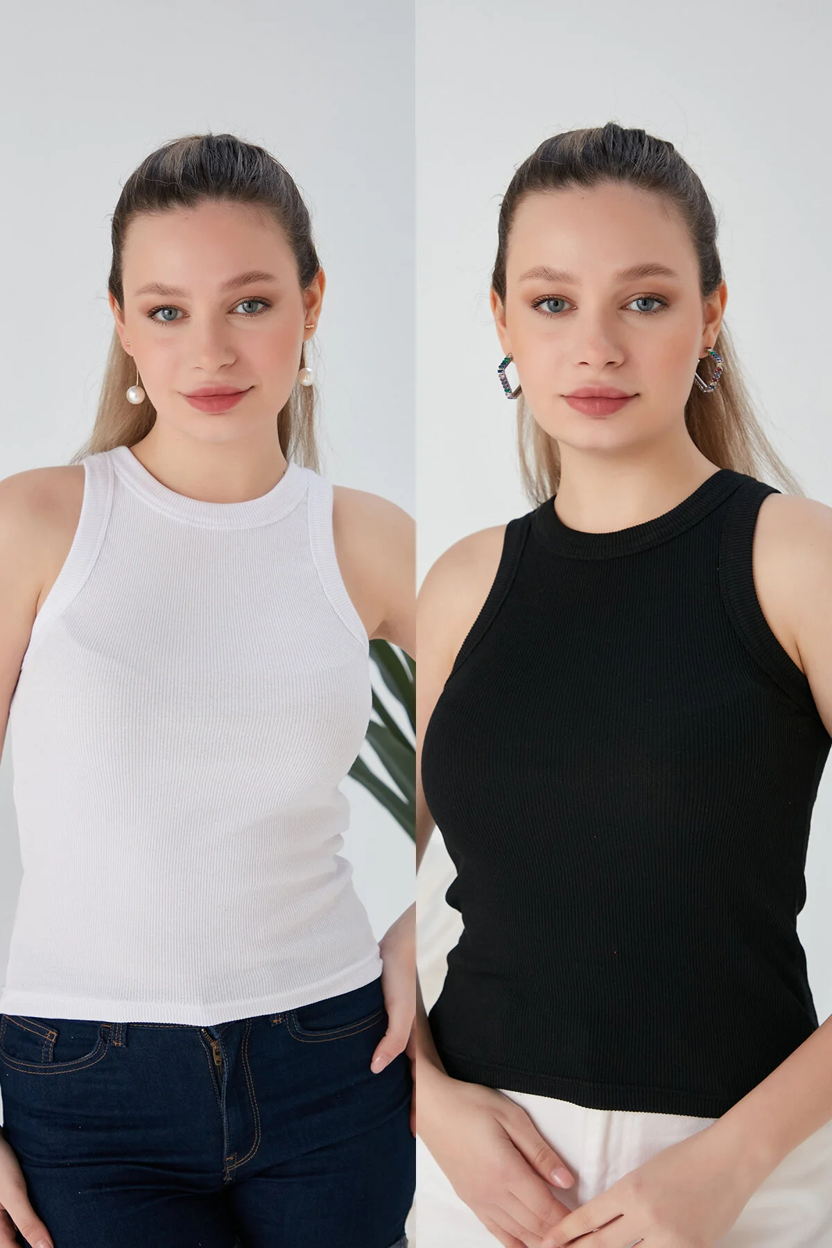 CATSPY Beyaz Siyah Zargo Model 2li Set Fitted Geniş Biyeli Halter Yaka Fitilli Esnek Örme Crop Bluz L Beden" Bluz Fiyatı
