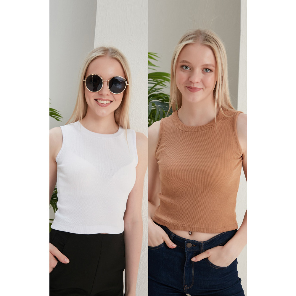 CATSPY Kadın Beyaz Kum Halter Yaka 2li Crop Bluz L Beden Bluz Fiyatı