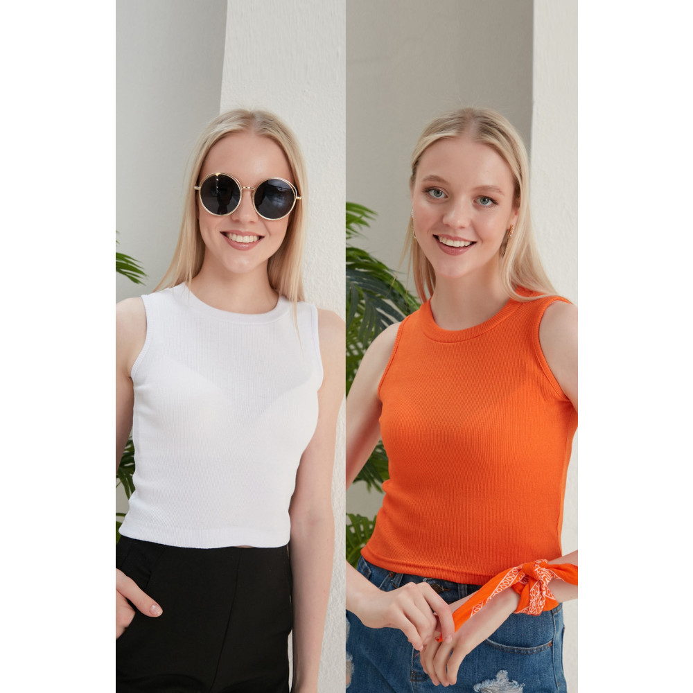 CATSPY Kadın Beyaz Turuncu Halter Yaka 2li Crop Bluz S Beden Bluz Fiyatı