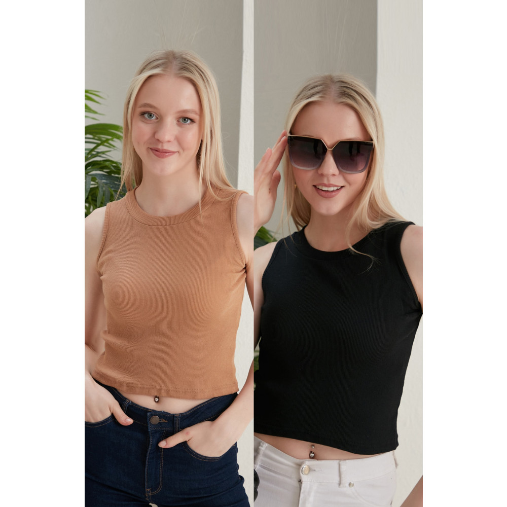 CATSPY Kadın Siyah Bisküvi Halter Yaka 2li Crop Bluz S Beden Bluz Fiyatı