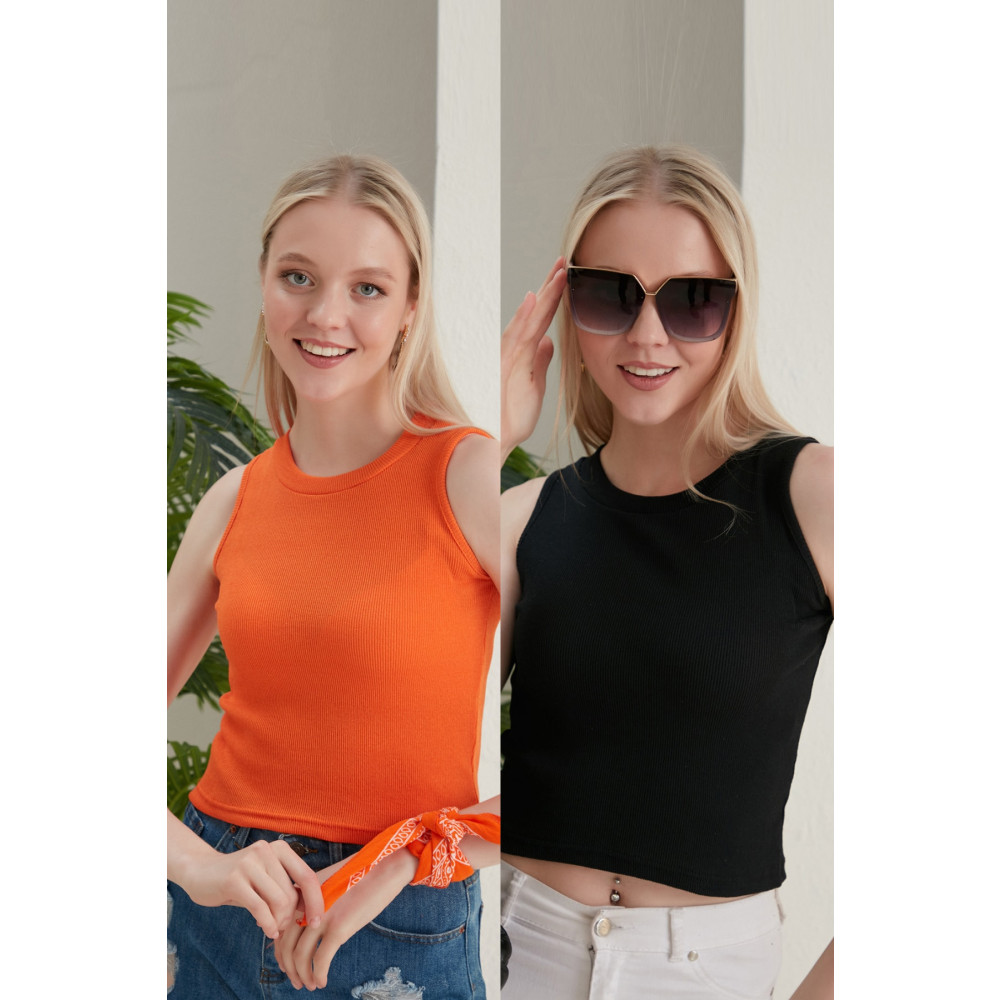 CATSPY Kadın Siyah Turuncu Halter Yaka 2li Crop Bluz L Beden Bluz Fiyatı