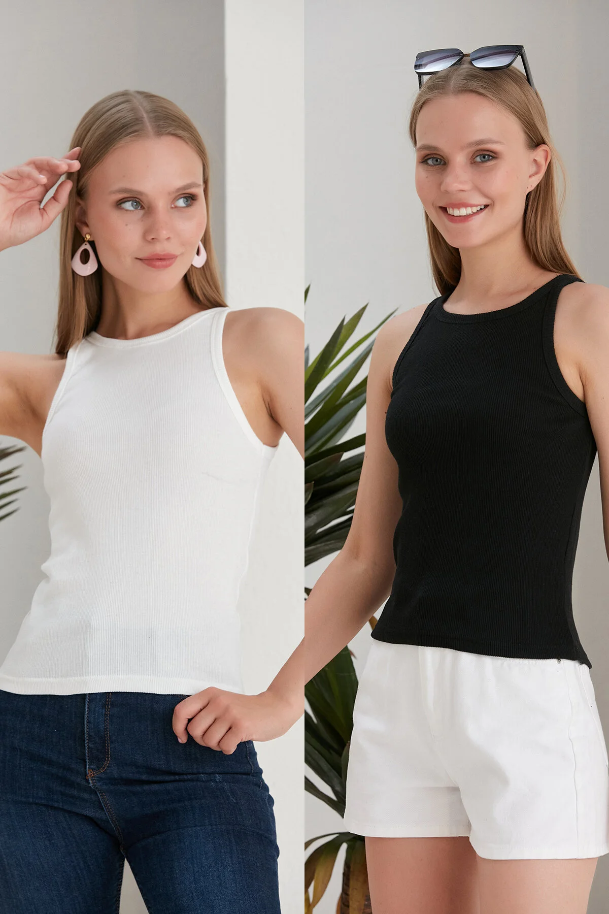 CATSPY Siyah Beyaz 2li Fitted/Vücuda Oturan Fitilli Esnek Örme Bluz Set S Beden" Bluz Fiyatı
