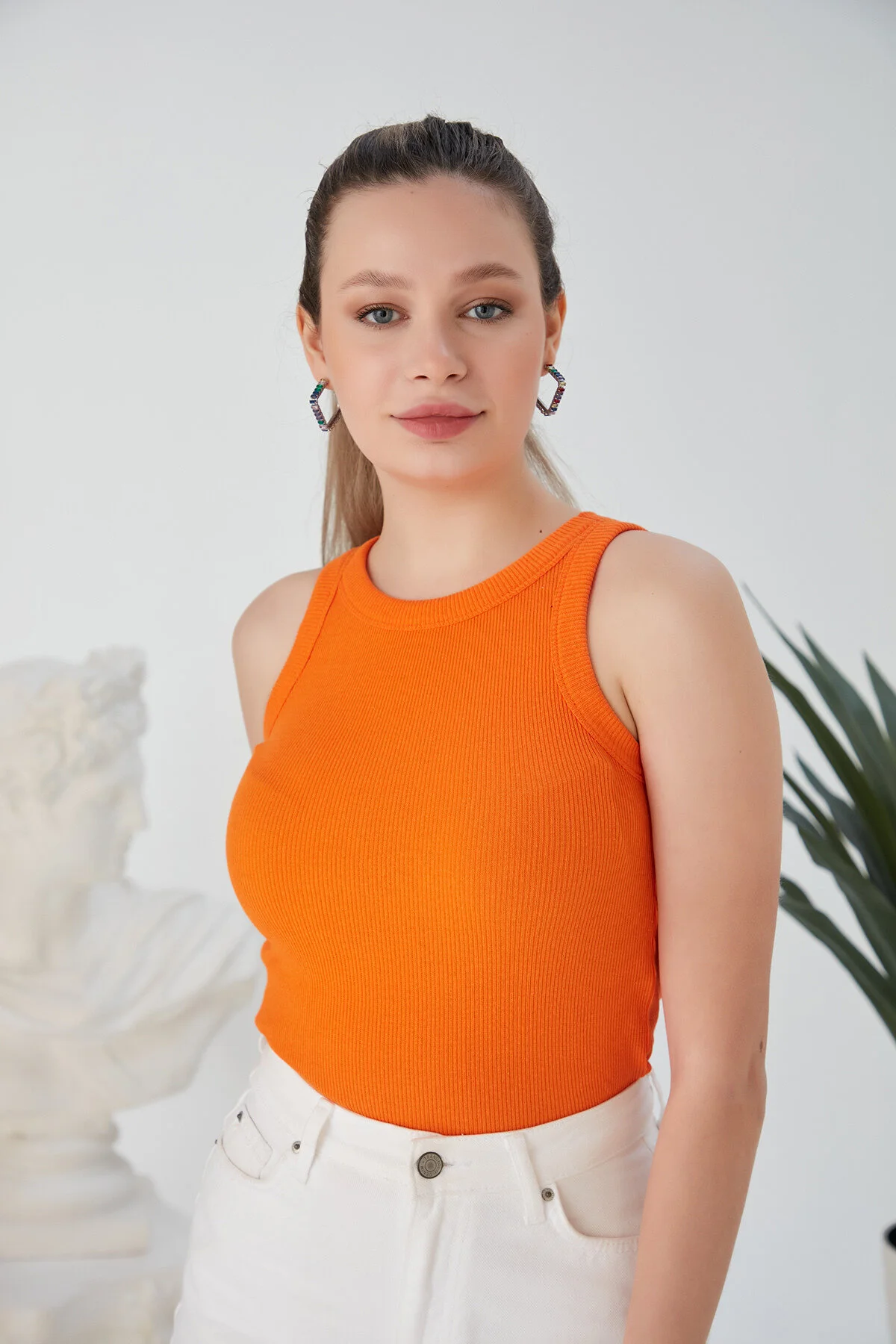 CATSPY Turuncu Zargo Model Fitted/Vücuda Oturan Geniş Biyeli Halter Yaka Fitilli Esnek Örme Crop Bluz XL Beden" Bluz Fiyatı