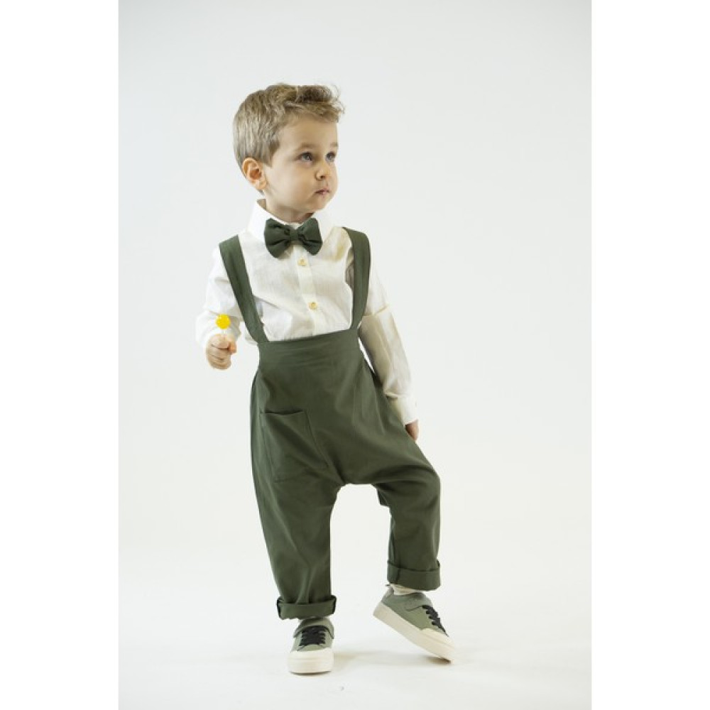 Catz Kids - Haki Yeşili Keten Harem Pantolon + Klasik Uzun Kollu Gömlek + Papyon Erkek Çocuk Giyim Takımı Fiyatı