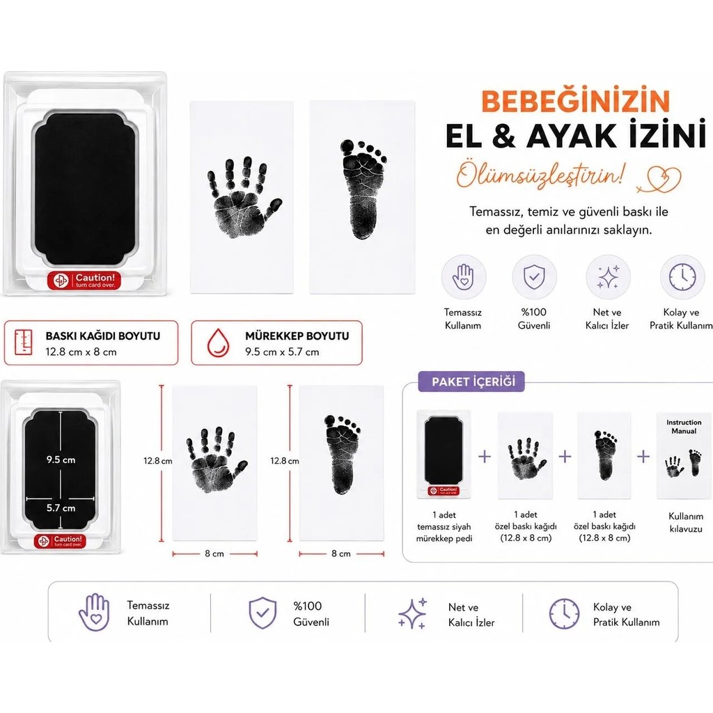 Caution Temassız Mürekkep Baskı Kiti, Bebek El Ayak İzi Seti, Yenidoğan Bebek Anı Kiti, Temiz ve Güvenli Baskı Pedi, 0-6 Ay - 0 - 12 Ay Diğer Fiyatı