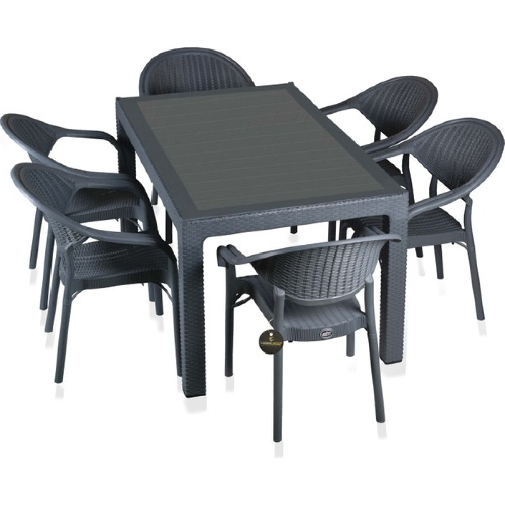 Çavdar Group Rattan Camlı 90X150 Masa ve 6 Adet Bambu Sandalyeli Masa Takımı-Bahçe Balkon Teras Raddan Masa Seti - Antrasit Bahçe Mobilyası Takımı Fiyatı