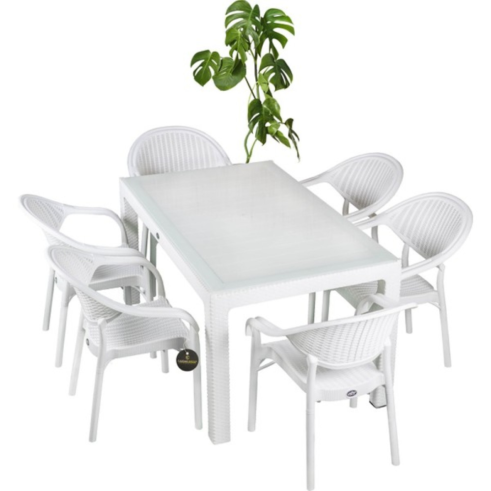 Çavdar Group Rattan Camlı 90X150 Masa ve 6 Adet Bambu Sandalyeli Masa Takımı-Bahçe Balkon Teras Raddan Masa Seti - Beyaz Bahçe Mobilyası Takımı Fiyatı