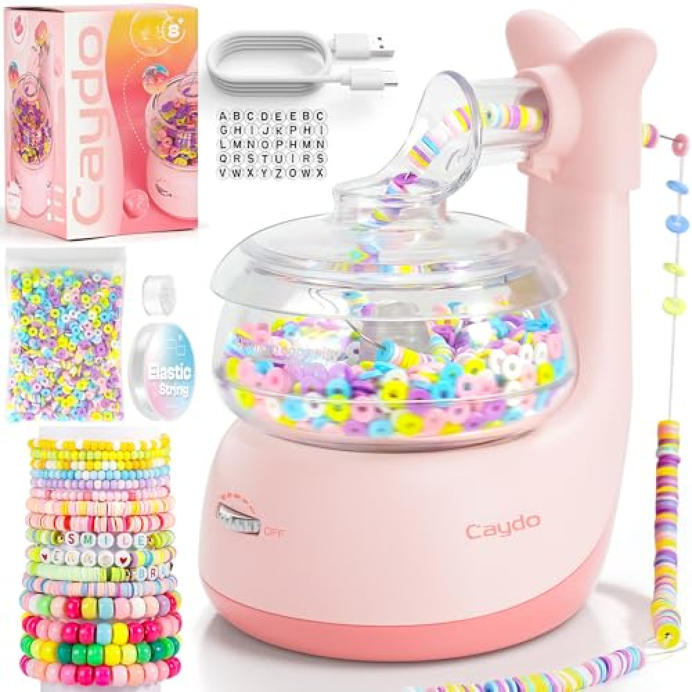 Caydo Automatic Bead Spinner, Clay Bead Spinner for Friendship Bracelets Jewelry Making, Bracelets Spinner with Clay Beads, Needle and Elastic String for Efficient Beading(Pink)