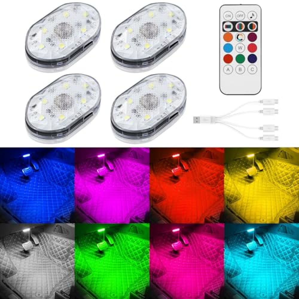 CCBASEBALL 4Pcs Wireless LED Lights for Car with Remote Control, 8 Colors Car Interior Night Lights