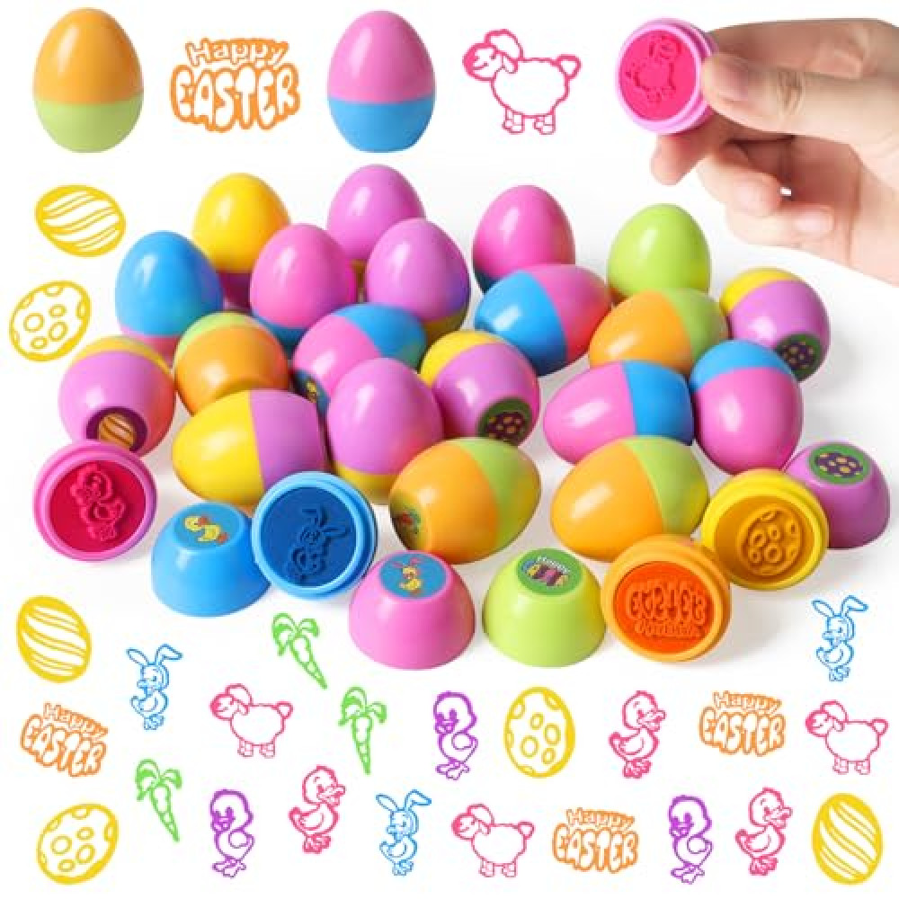 CCINEE 24pcs Easter Egg Stampers for Kids, Prefilled Easter Eggs Self Inking Stamps Childrens Plastic Easter Egg Gifts Basket Stuffers for Toddler Treat Toys Party Favors