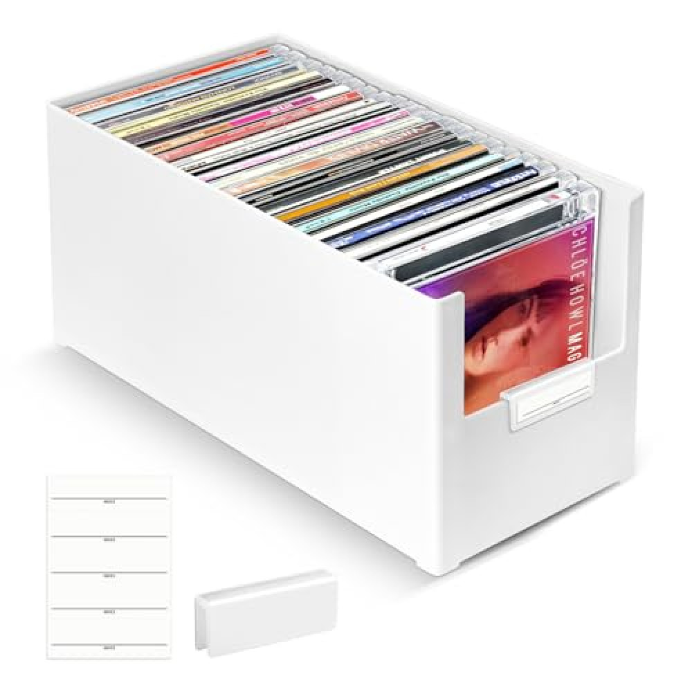 CD Storage Box, Stackable Plastic CD Organizer, Hold Up to 25 CDs, CD Storage Case for desk and Shelf