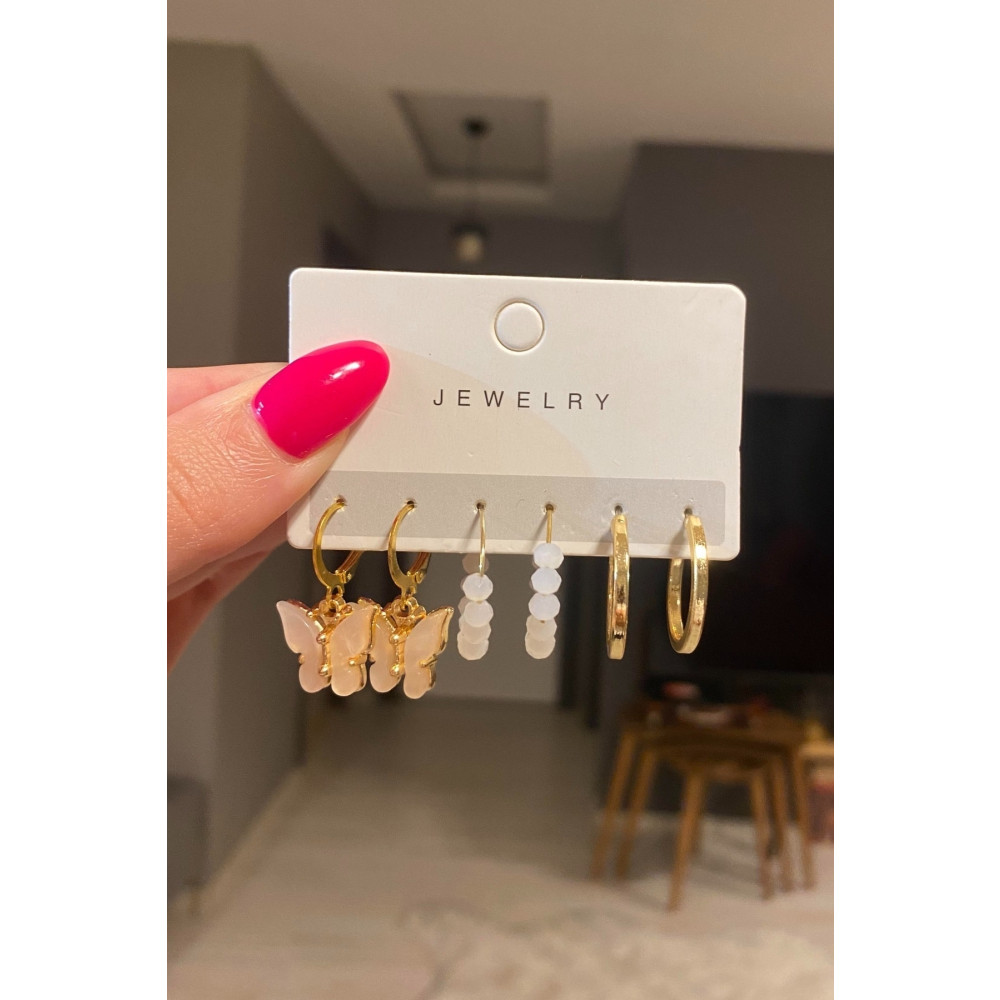 C&E Design Kadın 6lı Krem Kelebek Küpe Seti Bijuteri Küpe Fiyatı