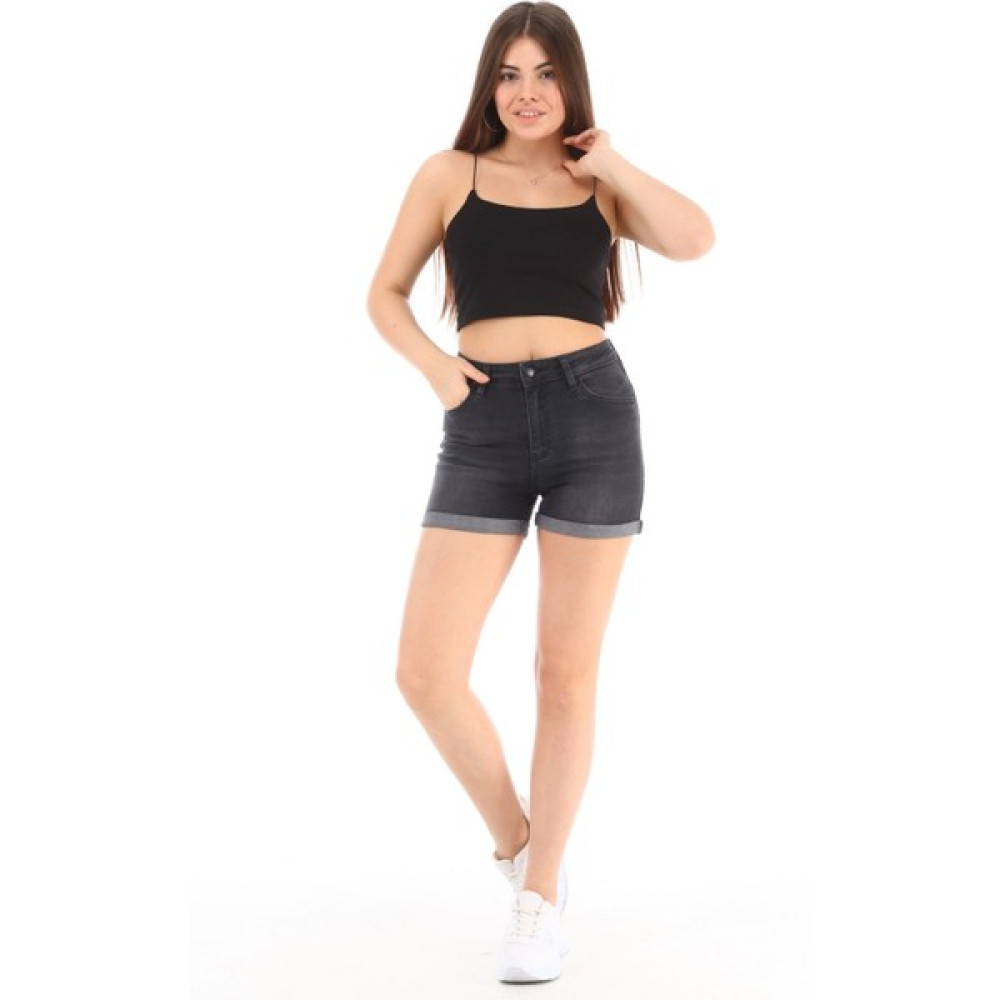 CEDY DENIM Kadın Londra Antrasit Yüksek Bel Duble Paça Kot Şort Klasik Mini Jean Şort C604 Bayan Şort Fiyatı