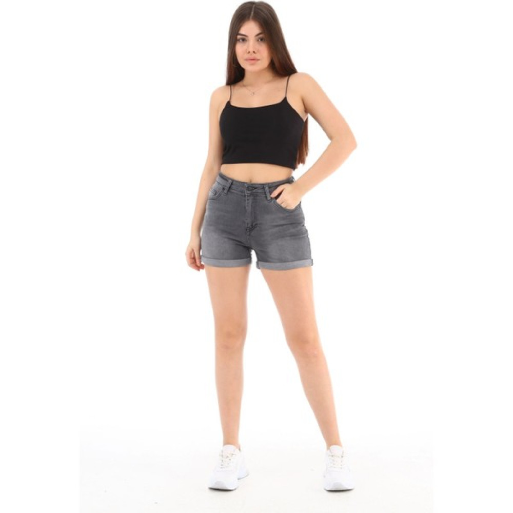 CEDY DENIM Kadın New York Gri Yüksek Bel Duble Paça Kot Şort Klasik Mini Jean Şort C604 Bayan Şort Fiyatı