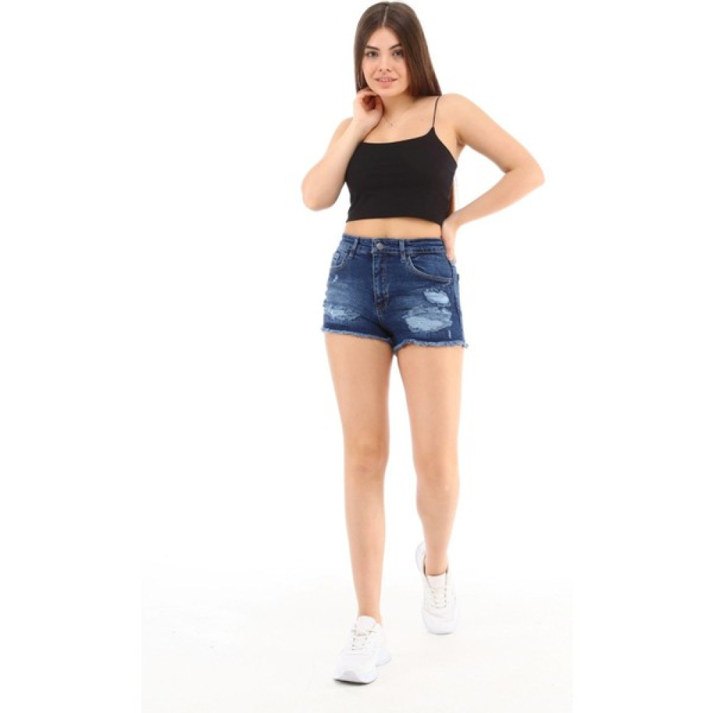 CEDY DENIM Kadın Yüksek Bel Yıpratmalı Paçası Püsküllü Kot Şort Mini Jean Paris Lacivert C603 Bayan Şort Fiyatı