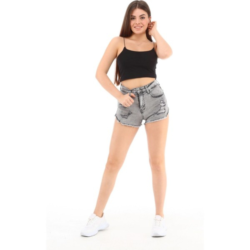 CEDY DENIM Kadın Yüksek Bel Yıpratmalı Paçası Püsküllü Kot Şort Mini Jean Rio Gri C603 Bayan Şort Fiyatı