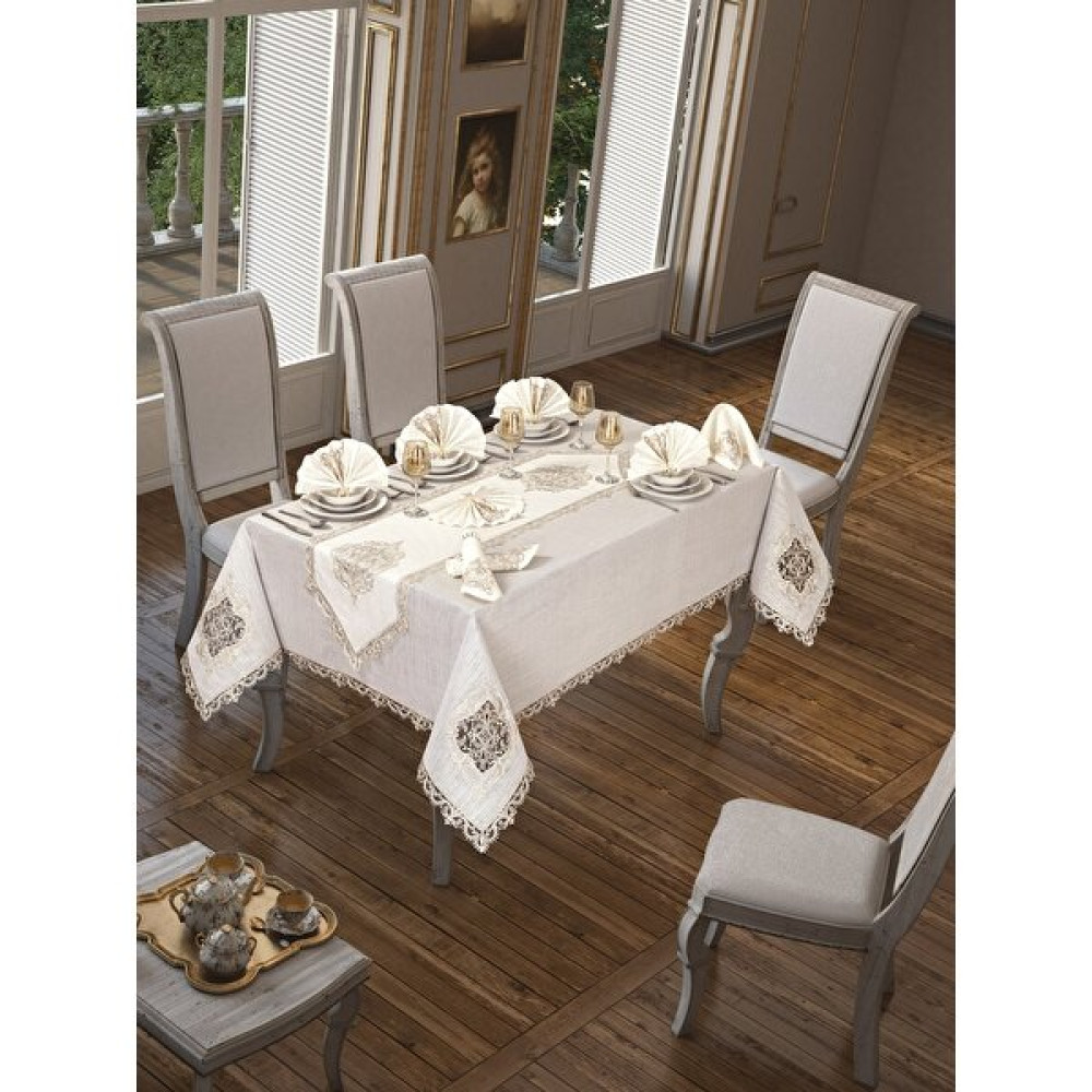 Ceki Home Liza 26 Parça Masa Örtüsü Seti - 160 x 260 cm - Krem Masa Örtüsü Fiyatı