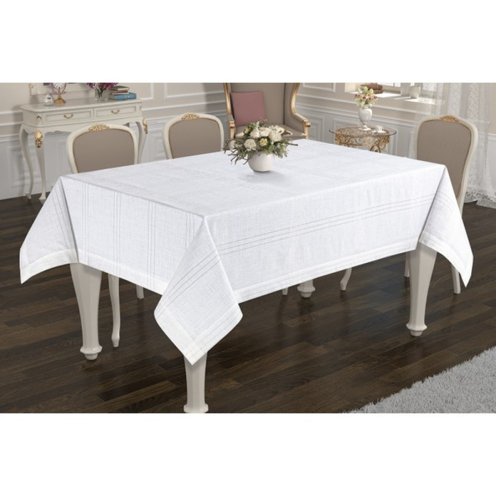 Ceki Home Natural Keten Çizgili Leke Tutmaz Yıkanabilir Masa Örtüsü Casmina Beyaz - 150 x 220 cm Masa Örtüsü Fiyatı