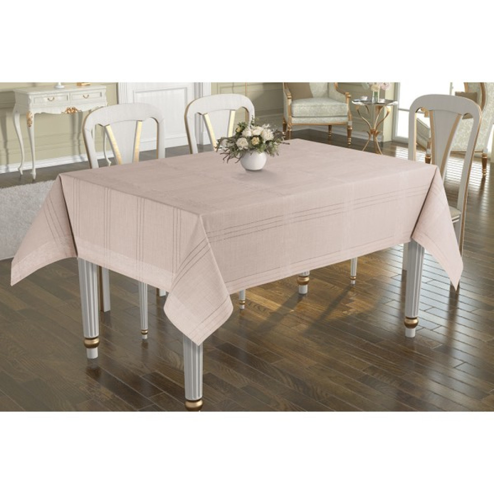 Ceki Home Natural Keten Çizgili Leke Tutmaz Yıkanabilir Masa Örtüsü Casmina Cappuccino - Camel - 150 x 220 cm Masa Örtüsü Fiyatı