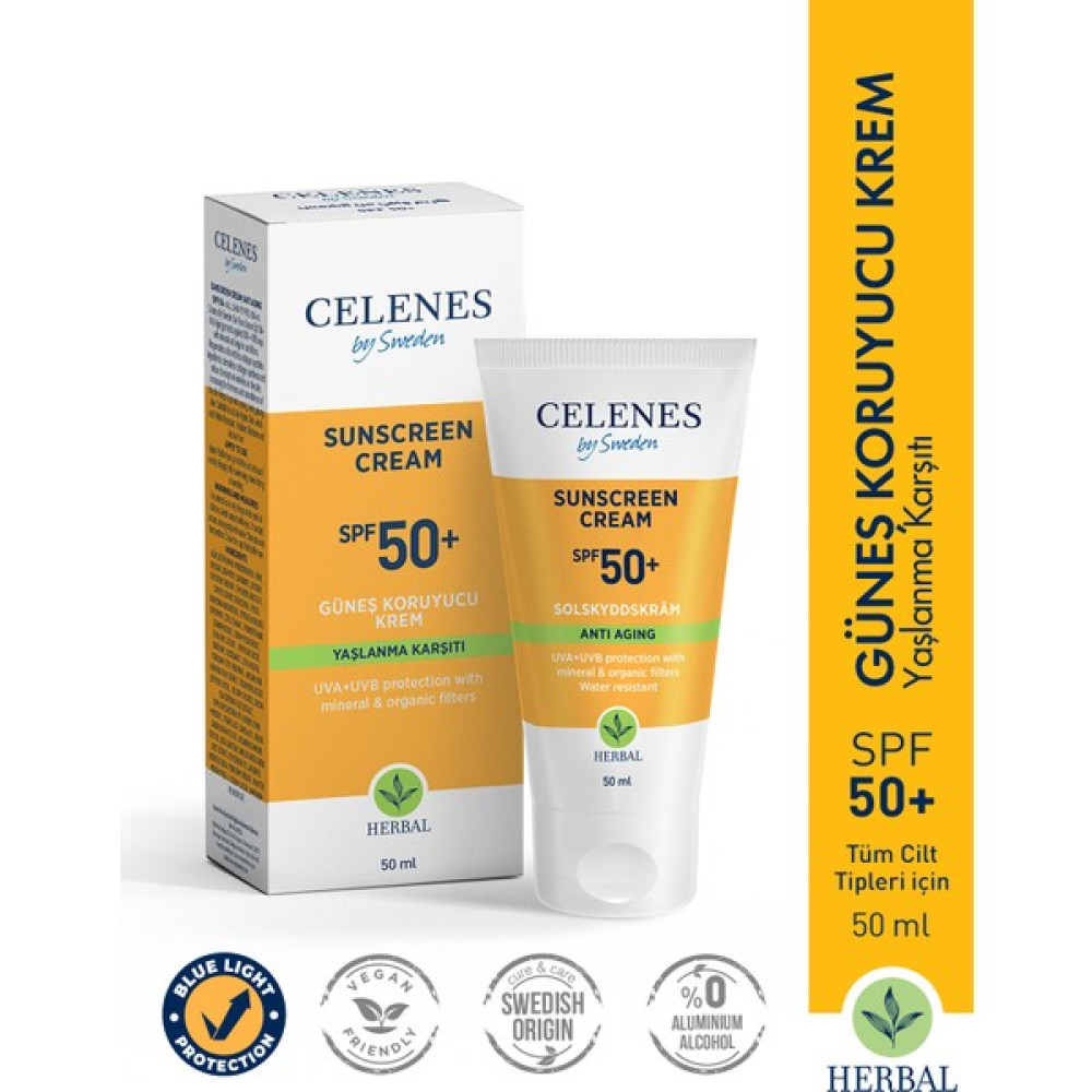 Celenes By Sweden Celenes Herbal SPF50+ Yaşlanma karşıtı Güneş Kremi 50 ml Güneş Kremleri ve Losyonları Fiyatı